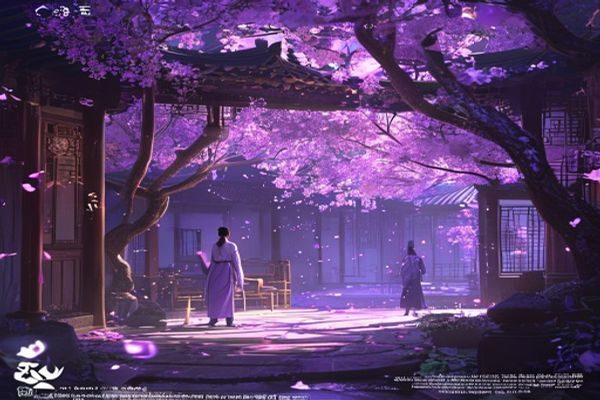 樱境物语主线叙事界面展示，玩家在樱花飘落的古典庭院场景中与主角对话，紫色光晕渲染出梦幻氛围