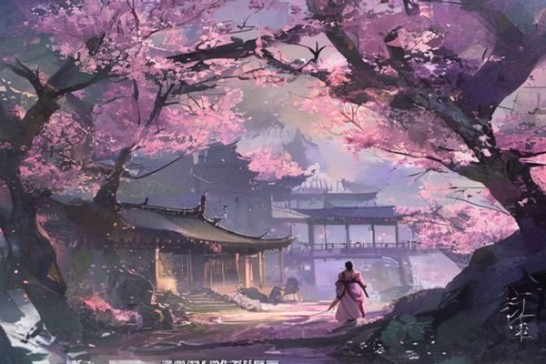 樱境物语场景探索画面，玩家角色在水墨风格的樱花林间行走，远景有古典建筑剪影，光线柔和梦幻