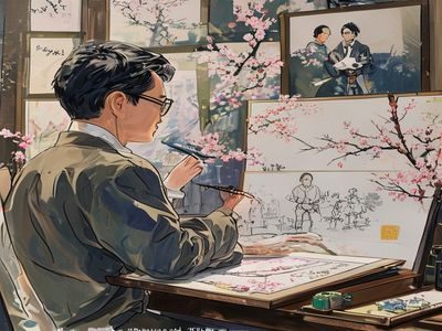 樱境物语美术总监赵云帆，男性，戴眼镜，在绘图台前审视樱花场景手绘稿，周围摆放着多幅角色概念设计图