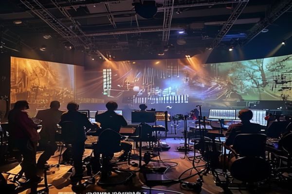 樱境物语音乐制作幕后画面，作曲家在录音棚内指挥弦乐团演奏，大屏幕上显示游戏场景与乐谱同步