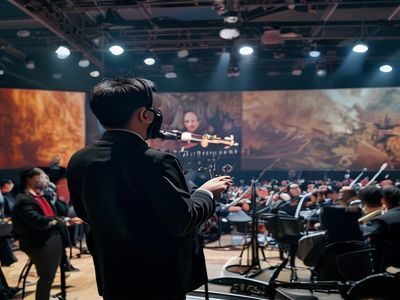 樱境物语音乐总监林晓风，男性，在录音棚内站立指挥，背景为大型弦乐团演奏画面，神情专注投入