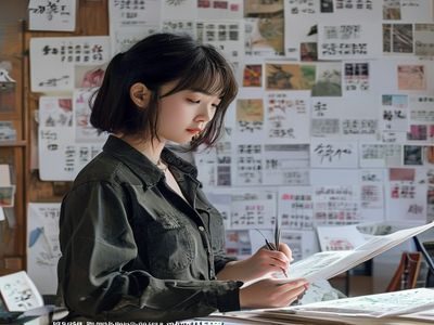 樱境物语首席叙事设计师林晓樱，女性，短发，在工作室内专注审阅剧本手稿，背景为贴满故事线索卡片的白板